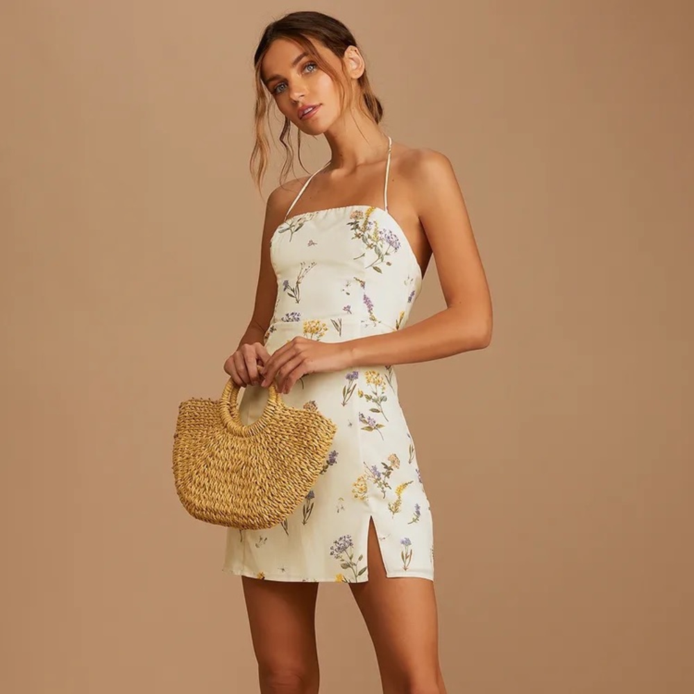 Lulus Catch the Bouquet Cream Floral Print Halter Lace-Up Mini Dress